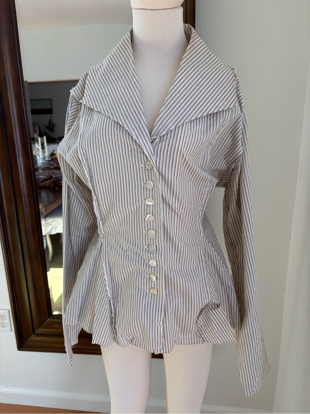 Women's Striped Button-Front Shirt Jacket - Cream and Gray